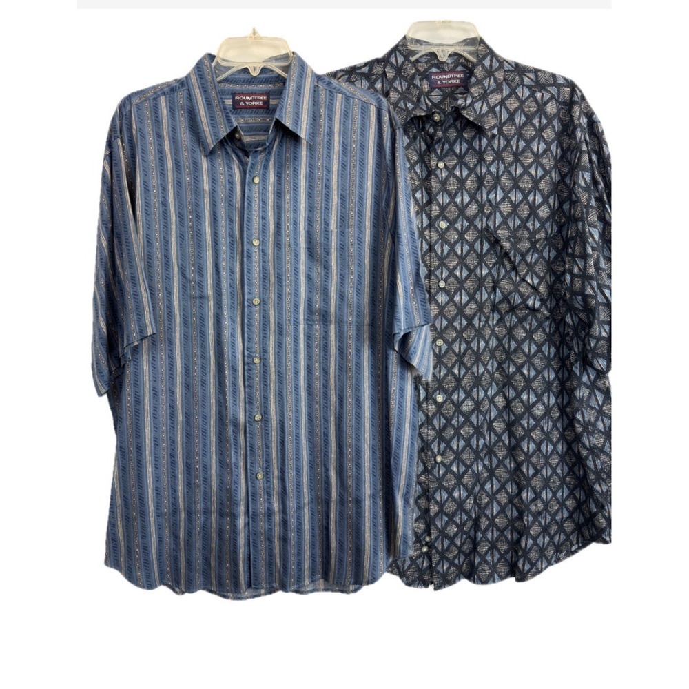 Lot of 2 Roundtree & Yorke Shirts Mens Large Printed Design Button Up Blue Rayon